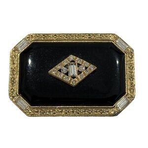 1928 Co Black Cabochon Gold Tone Floral Edge Brooch